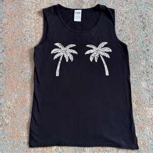 Victoria’s Secret Pink Palm Trees Sequins Tank Top T Shirt Black Silver 0 2 XS